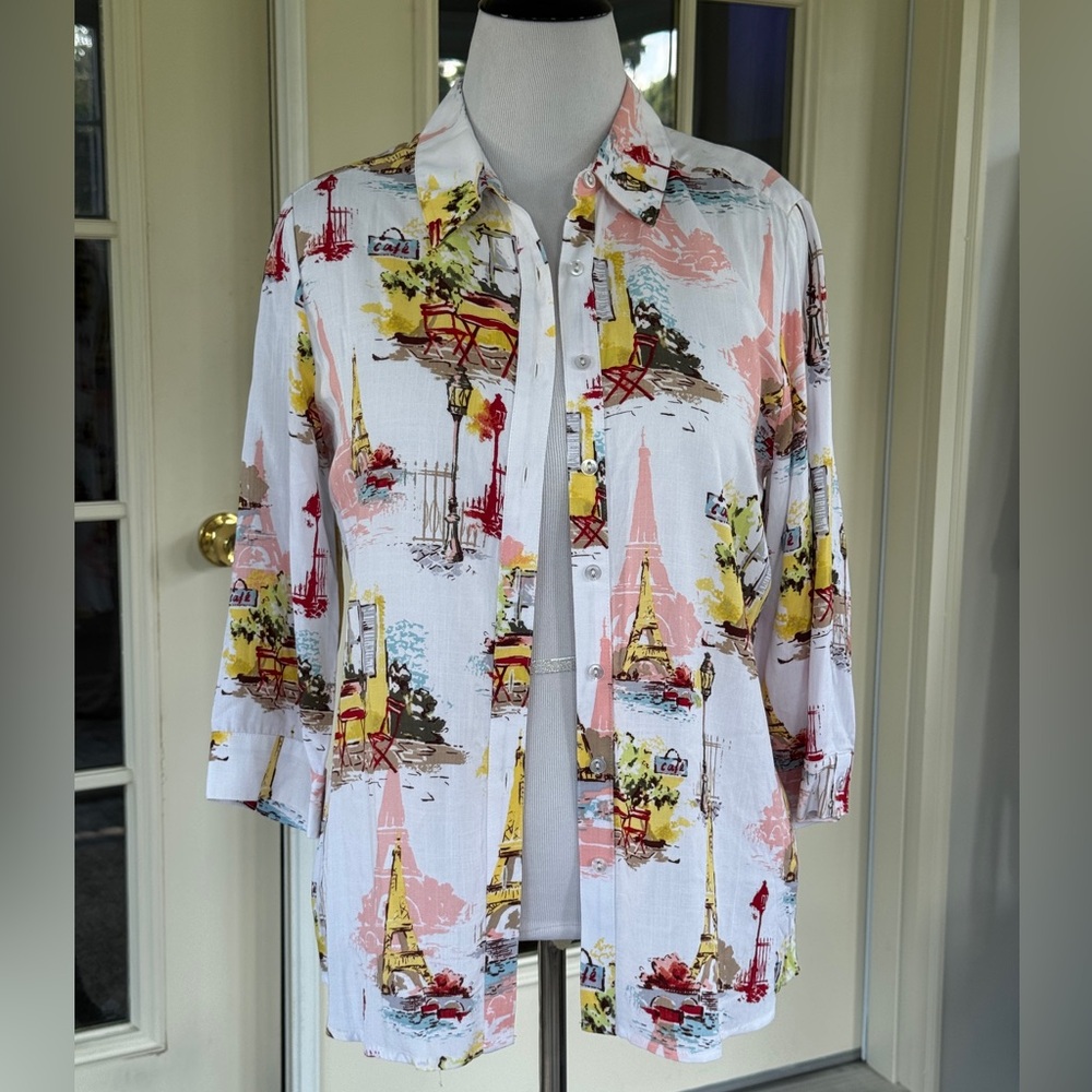 Alyson Daley Paris France Print Button-Up Shirt Top‎ NWT Small